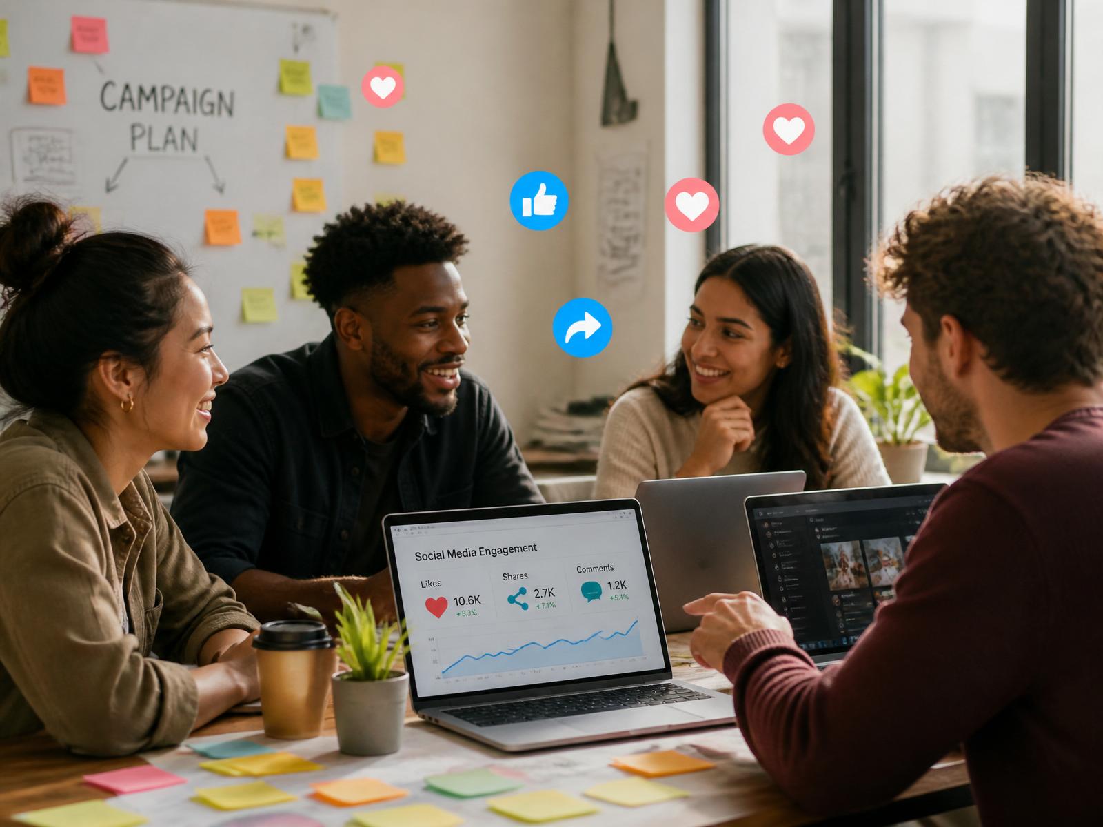 Marketing team collaborating on social engagement